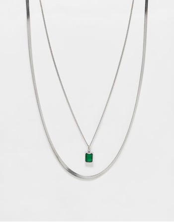 festival waterproof stainless steel 2 pack faux emerald pendant necklace in silver